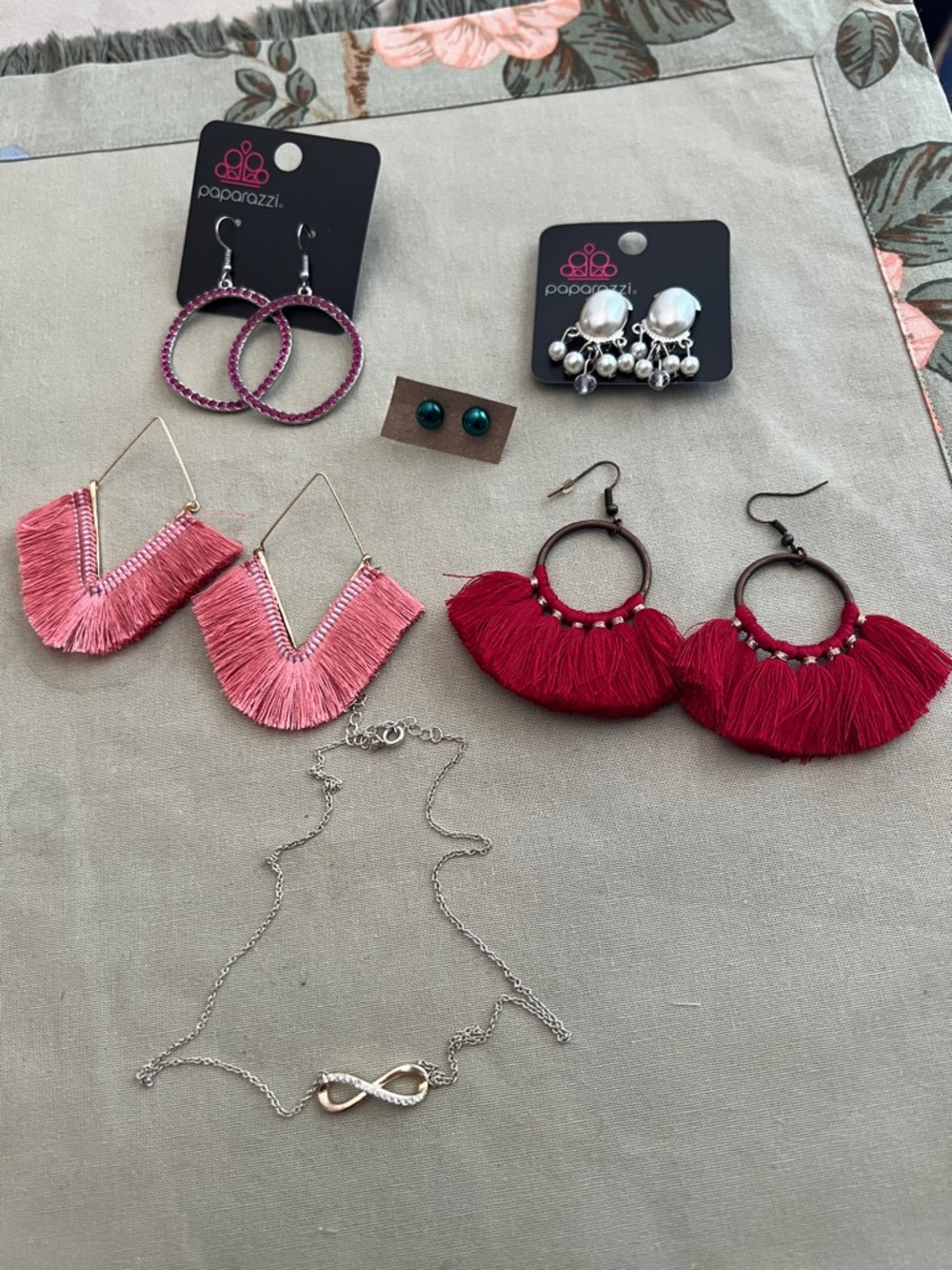 Paparazzi Pink and Red Fringe Statement Earrings Set